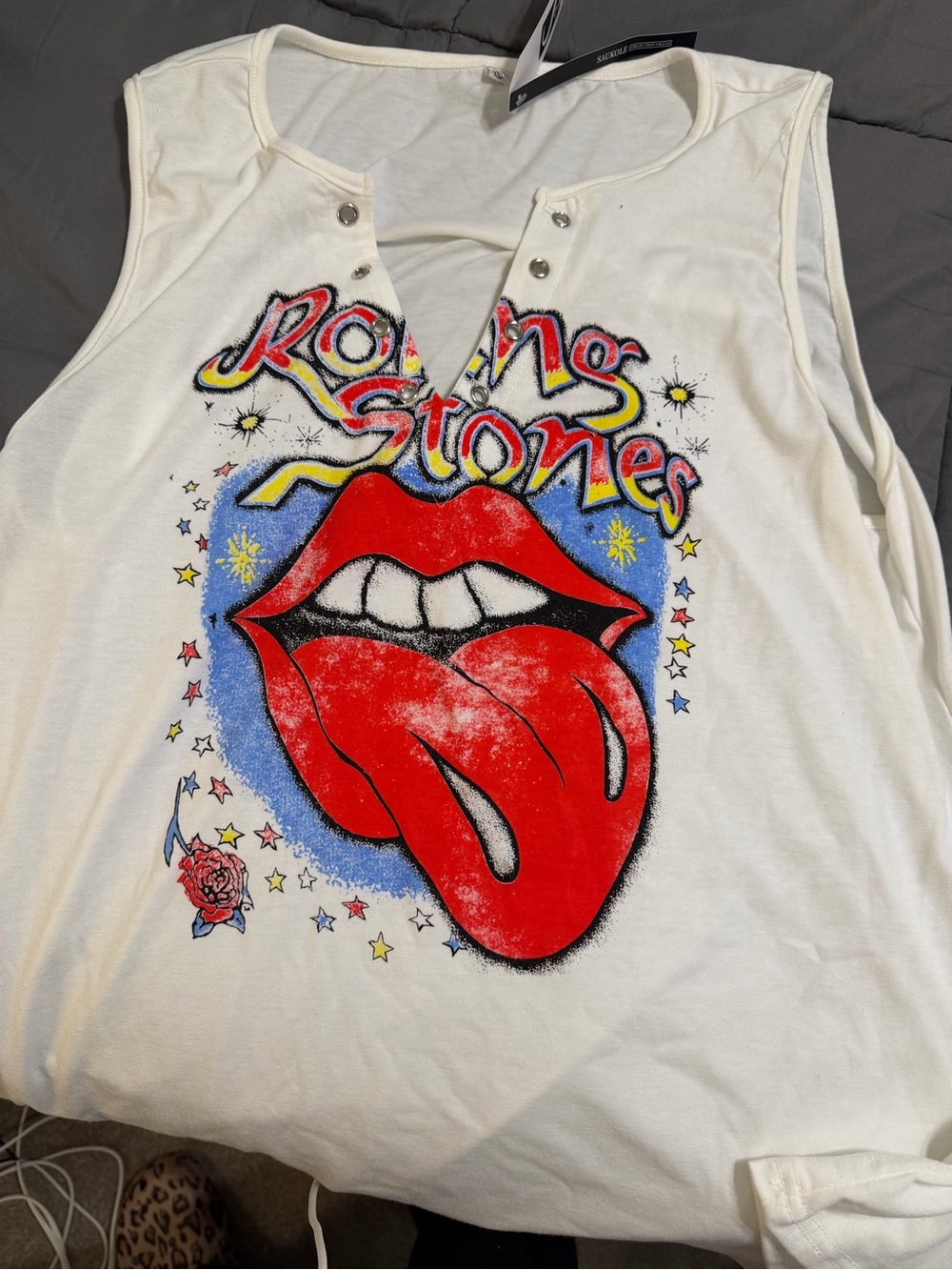 the Rolling Stones White Tank with Red Tongue Graphic